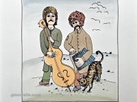 Josip Generalić, 1975, Dva Beatlesa (Two Beatles), oslikani svilotisak (water-coloured silkscreen), 26x25 cm 19x17 cm, JG-M02-02s(9) - 200 eur