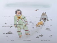 Josip Generalić, 1975, Imbro na Mjesecu (Imbro on the Moon), oslikani svilotisak (water-coloured silkscreen), 30x42 cm 30x42 cm, JG-M03-03(14) - 300 eur