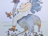 Josip Generalić, 2004, Dama jaši kralja (Lady riding a king), oslikani svilotisak (water-coloured silkscreen), 45x32 cm 45x32 cm, JG-M11-01(3) - 300 eur
