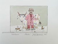 Josip Generalić, 1980, Pastir (Shepherd), oslikani svilotisak (water-coloured silkscreen), 23x25 cm 11x16 cm, JG-N05-02(10) - 200 eur