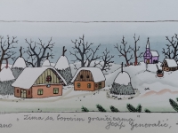 Josip Generalić, 2001, Zima s borovim grančicama (Winter with pineapple branches), oslikani svilotisak (water-coloured silkscreen), 11x27 cm 8x19 cm, JG-O20-03(Last one) - 300 eur