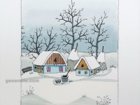 Josip Generalić, 2001, Dvije plave kuće (Two blue houses), oslikani svilotisak (water-coloured silkscreen), 19x16 cm 12x11 cm, JG-O25-02(5) - 200 eur