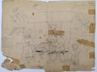 Josip Generalić, 1963, Piljenje drva (Wood sawing), olovka na papiru (pencil on paper), 32x43 cm – Cijena na upit (Price on request)