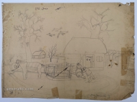 Josip Generalić, 1963, Utovar bacve (Barrel loading), olovka na papiru (pencil on paper), 35x50 cm – Cijena na upit (Price on request)