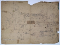 Josip Generalić, 1965, Pecenje kostanja (Roasting chestnuts), olovka na papiru (pencil on paper), 60x82 cm – Cijena na upit (Price on request)