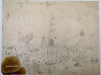 Josip Generalić, 1965, Rat svjetova (War of the worlds), olovka na papiru (pencil on paper), 40x52 cm – Cijena na upit (Price on request)