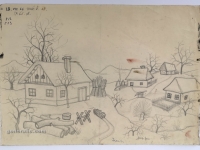 Josip Generalić, 1966, Selo zimi (VIllage in winter), olovka na papiru (pencil on paper), 28x40 cm – Cijena na upit (Price on request)