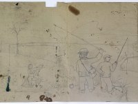 Josip Generalić, 1974, Zbunjeni ribolovci (Confused fishermen), olovka na papiru (pencil on paper), 50x137 cm – Cijena na upit (Price on request)