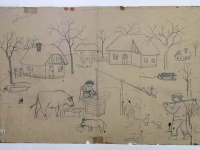 Josip Generalić, 1975, Bor za Božić (Christmas tree), olovka na papiru (pencil on paper), 52x124 cm – Cijena na upit (Price on request)