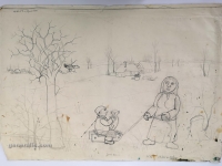 Josip Generalić, 1976, Djecak na sanjkama (Boy on a sledge), olovka na papiru (pencil on paper), 62x88 cm – Cijena na upit (Price on request)