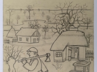 Josip Generalić, 1976, Drvo za zimu (Wood for winter), olovka na papiru (pencil on paper), 32x22 cm – Cijena na upit (Price on request)