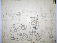 Josip Generalić, 1976, Lovci sa zecom (Hunters with rabbit), olovka na papiru (pencil on paper), 29x35 cm – Cijena na upit (Price on request)