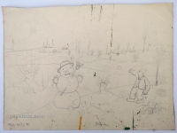 Josip Generalić, 1977, Grudanje snjegovica (Throwing snowballs at the snowman), olovka na papiru (pencil on paper), 33x45 cm – Cijena na upit (Price on request)