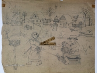 Josip Generalić, 1977, Povratak iz vinograda (Return from the vineyard), olovka na papiru (pencil on paper), 62x79 cm – Cijena na upit (Price on request)