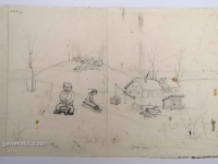 Josip Generalić, 1977, Sanjkanje (Sledding), olovka na papiru (pencil on paper), 40×61 cm – Cijena na upit (Price on request)