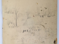 Josip Generalić, 1977, Selo zimi (Village in winter), olovka na papiru (pencil on paper), 42x33 cm – Cijena na upit (Price on request)