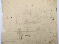 Josip Generalić, 1978, Zima sa snjegovicem (Winter with a snowman), olovka na papiru (pencil on paper), 34x38 cm – Cijena na upit (Price on request)