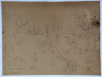 Josip Generalić, 1983, Cijepanje drva (Splitting wood), olovka na papiru (pencil on paper), 62x82 cm – Cijena na upit (Price on request)