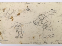 Josip Generalić, 1984, Borovi za Božić (Christmas trees), olovka na papiru (pencil on paper), 16x33 cm – Cijena na upit (Price on request)