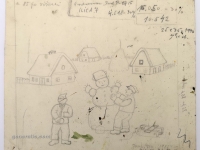 Josip Generalić, 1985, Gradnja snjegovica (Making a snowman), olovka na papiru (pencil on paper), 20x26 cm – Cijena na upit (Price on request)