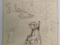 Josip Generalić, 1985, Lovac sa zecom (Hunter with a rabbit), olovka na papiru (pencil on paper), 40x26 cm – Cijena na upit (Price on request)