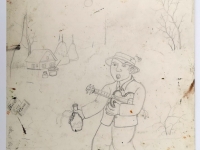 Josip Generalić, 1985, Veselo pjevanje (Happy singing), olovka na papiru (pencil on paper), 40x28 cm – Cijena na upit (Price on request)