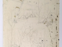 Josip Generalić, 1986, Gradnja snjegovica (Making a snowman), olovka na papiru (pencil on paper), 45x29 cm – Cijena na upit (Price on request)