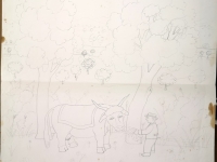 Josip Generalić, 1987, Hranjenje krave (Feeding the cow), olovka na papiru (pencil on paper), 95x76 cm – Cijena na upit (Price on request)