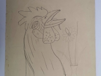 Josip Generalić, 1989, Posljednji kukurijek (The last crow), olovka na papiru (pencil on paper), 68×48 cm – Cijena na upit (Price on request)