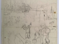 Josip Generalić, 1994, Povratak izbjeglica (Return of refugees), olovka na papiru (pencil on paper), 33x27 cm – Cijena na upit (Price on request)