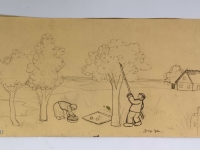 Josip Generalić, Berba jabuka (Apple picking), olovka na papiru (pencil on paper), 24x62 cm – Cijena na upit (Price on request)