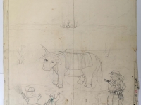 Josip Generalić, Cuvanje bika (Taking care of the bull), olovka na papiru (pencil on paper), 67x60 cm – Cijena na upit (Price on request)