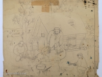 Josip Generalić, Kolinje (Traditional pig slaughter), olovka na papiru (pencil on paper), 40x43 cm – Cijena na upit (Price on request)