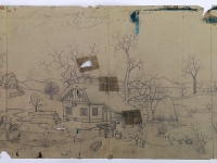 Josip Generalić, Selo zimi (Village in winter), olovka na papiru (pencil on paper), 138x51 cm – Cijena na upit (Price on request)