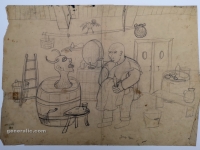 Josip Generalić, Vrag u bačvi (Devil in a barrel), olovka na papiru (pencil on paper), 43x61 cm – Cijena na upit (Price on request)