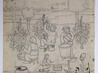 Josip Generalić, 1968, Berba vinograda (Grape harvest), olovka na papiru (pencil on paper), 59×49 cm – Cijena na upit (Price on request)