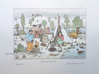 Josip Generalić, 1968 JG-L27-08(21), Piknik – Povratak prirodi (Picnic – Return to nature), oslikani svilotisak (water-coloured silkscreen), 39×53 cm 26×37 cm – 200 eur