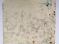 Josip Generalić, 1968, Piknik – Povratak prirodi (Picnic – Back to nature), olovka na papiru (pencil on paper), 48×59 cm – Cijena na upit (Price on request)