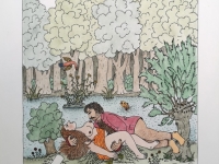 Josip Generalić, 1985, Ljubav uz potok (Love by the brook), oslikani svilotisak (water-coloured silkscreen), 50x35 cm 40x27 cm JG-L20-02(3)