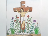 Josip Generalić, 1991, Isus na križu (Jesus on a cross), oslikani svilotisak (water-coloured silkscreen), 52x37 cm 34x26 cm - 200 eur