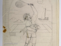Josip Generalić, 1993, Tenisač s ribom (Tennis player with a fish), olovka na papiru (pencil on paper), 61×51 cm – Cijena na upit (Price on request)