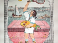Josip Generalić, 1993, Tenisač s ribom (Tennis player with a fish), oslikani svilotisak (water-coloured silkscreen), 65×50 cm 49×42 cm – 500 eur