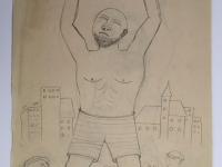 Josip Generalić, 1976, Dizač utega (Weightlifter), olovka na papiru, (pencil on paper, 66×38 cm – Cijena na upit (Price on request)