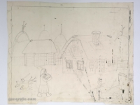 Josip Generalić, 2000, Žena nosi drva (Woman carrying wood), olovka na papiru (pencil on paper), 41×53 cm – Cijena na upit (Price on request)