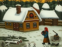 Josip Generalić, 2000, Žena nosi drva (Woman carrying wood), ulje na staklu (oil on glass), 46×46 cm – Cijena na upit (Price on request)