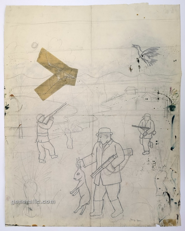 Josip Generalić, 1969, Lovac sa zecom (Hunter with a rabbit), olovka na papiru (pencil on paper), 74x58 cm – Cijena na upit (Price on request)