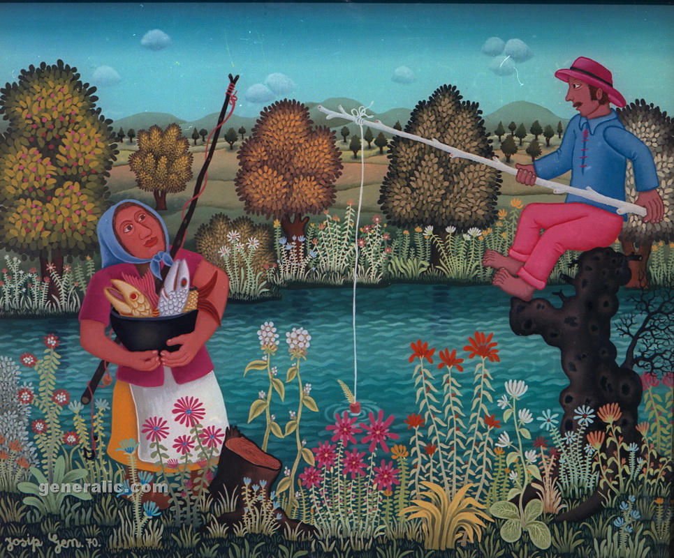 Josip Generalić, 1970, Ribarica i ribic (Fishing), ulje na staklu (oil on glass)
