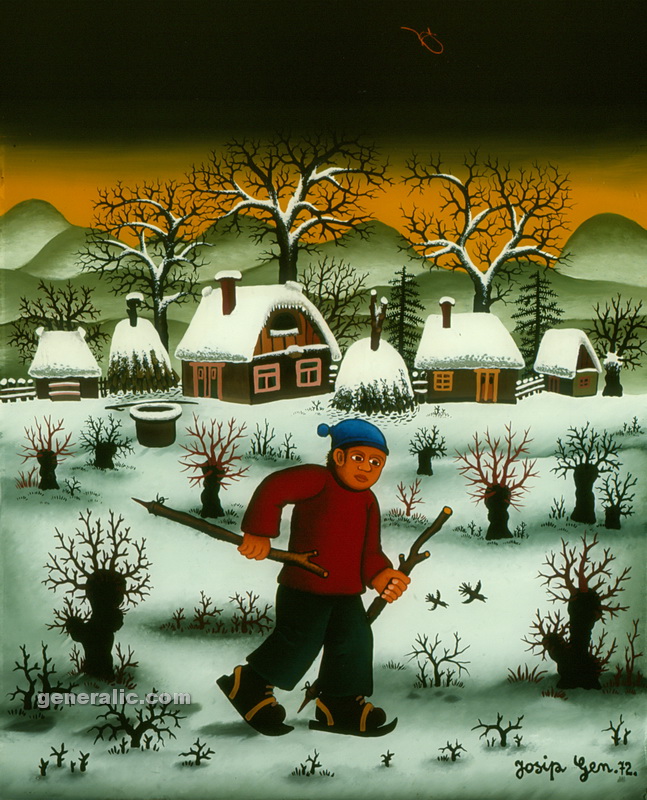 Josip Generalić, 1972, Mali klizac (Little skater), ulje na staklu (oil on glass)