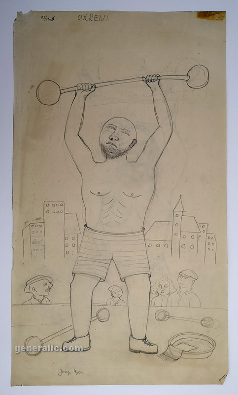 Josip Generalić, 1976, Dizač utega (Weightlifter), olovka na papiru, (pencil on paper), 66×38 cm – Cijena na upit (Price on request)