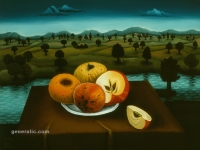 Josip Generalić, 1965, Mrtva priroda s jabukama (Still life with apples), ulje na staklu (oil on glass), 30x40 cm